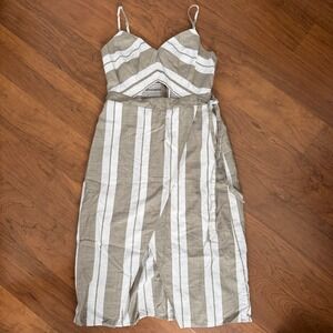Express Khaki White Striped Sleeveless Midi Dress Cutout Smocked Back Size 6